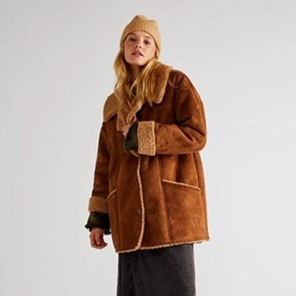 Free People NWT Diogo Toasted Almond Brown Sherpa Faux Suede Relaxed Fit Coat - Picture 3 of 11